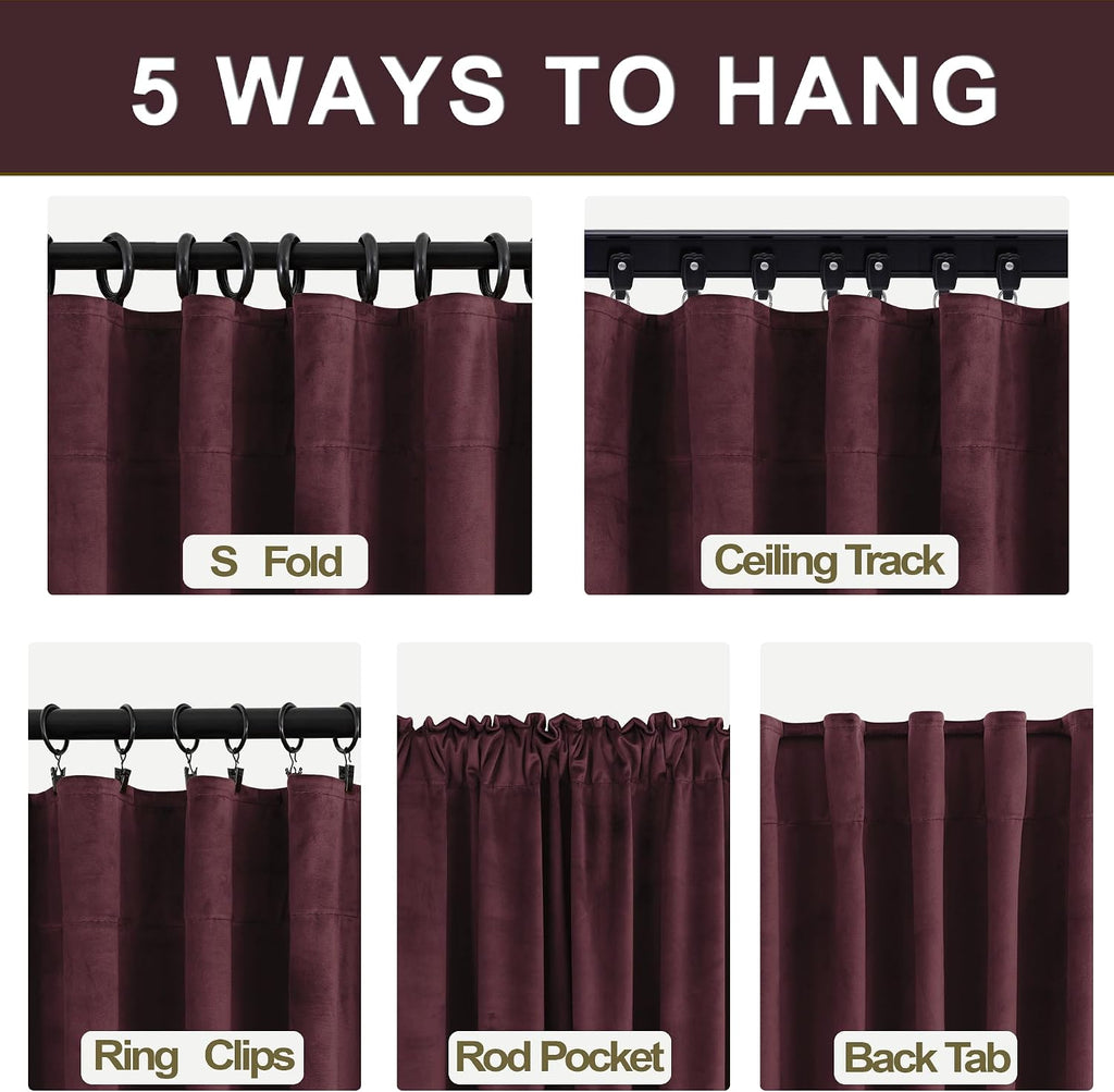 Burgundy Pleated Velvet Curtains 96" 2‑Panel Set