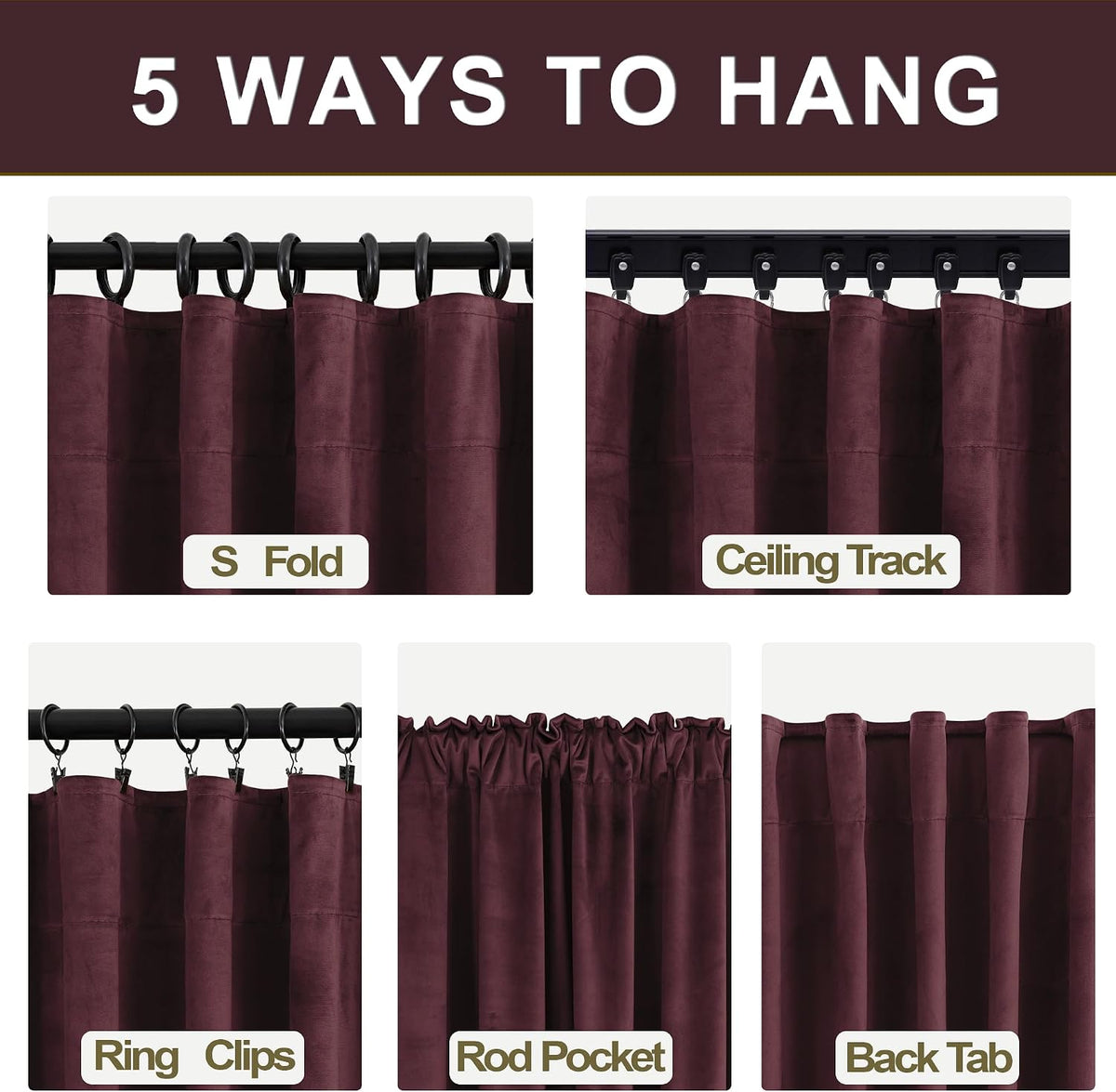 Burgundy Pleated Velvet Curtains 96" 2‑Panel Set