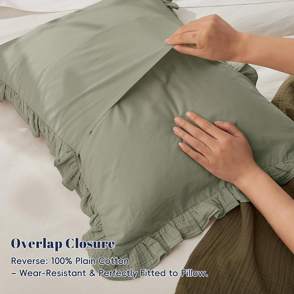 Sage Ruffle Muslin Pillow Shams King 20"×36"