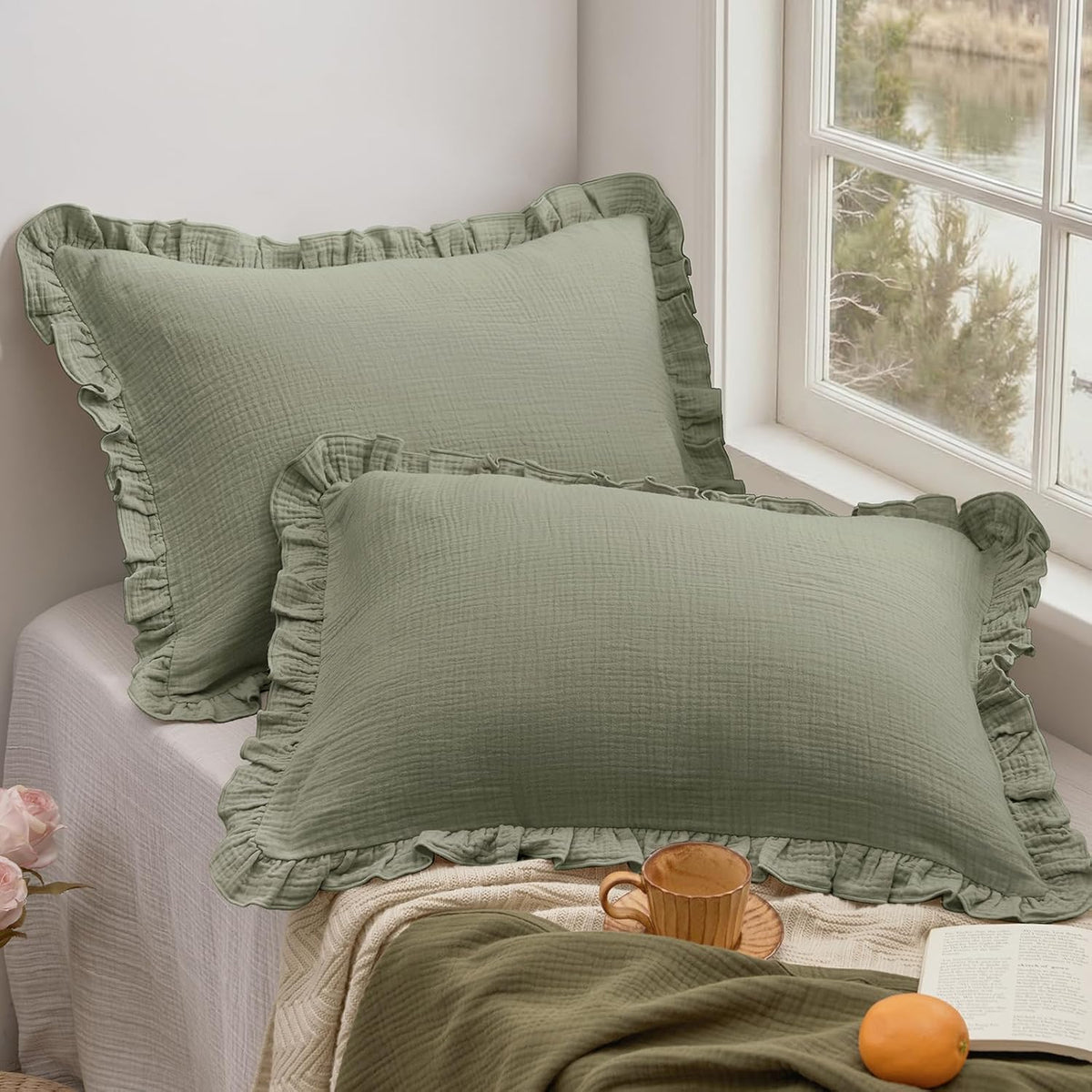 Sage Ruffle Muslin Pillow Shams King 20"×36"