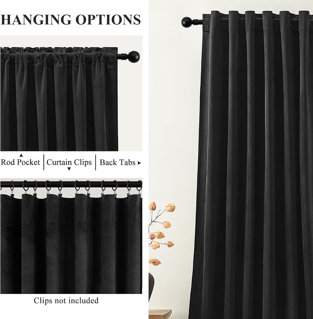 Black Velvet Blackout Curtains 96" Back‑Tab