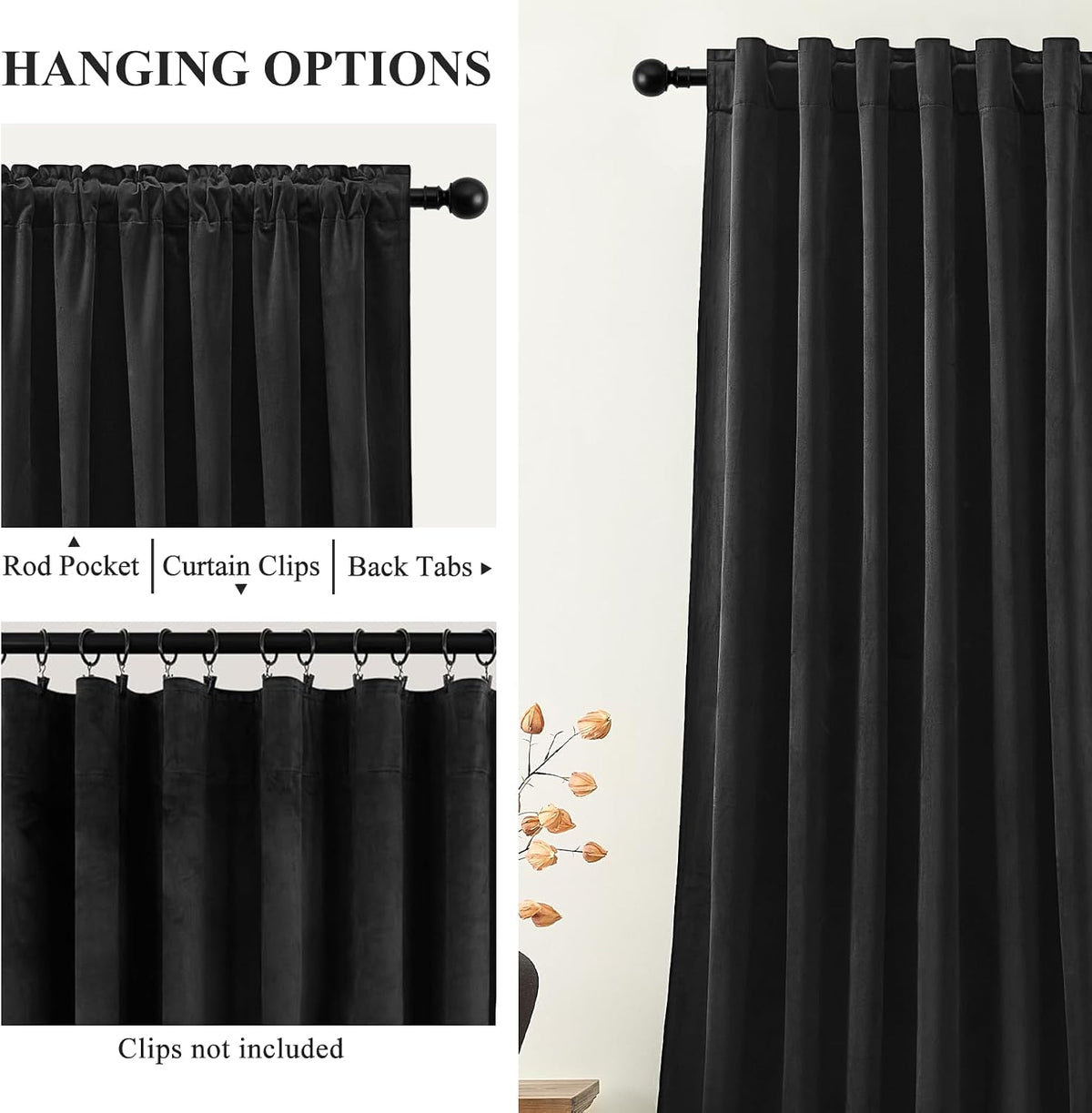 Black Velvet Blackout Curtains 96" Back‑Tab