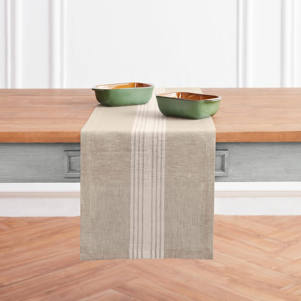 White‑Natural Striped Linen Table Runner 14"×108"