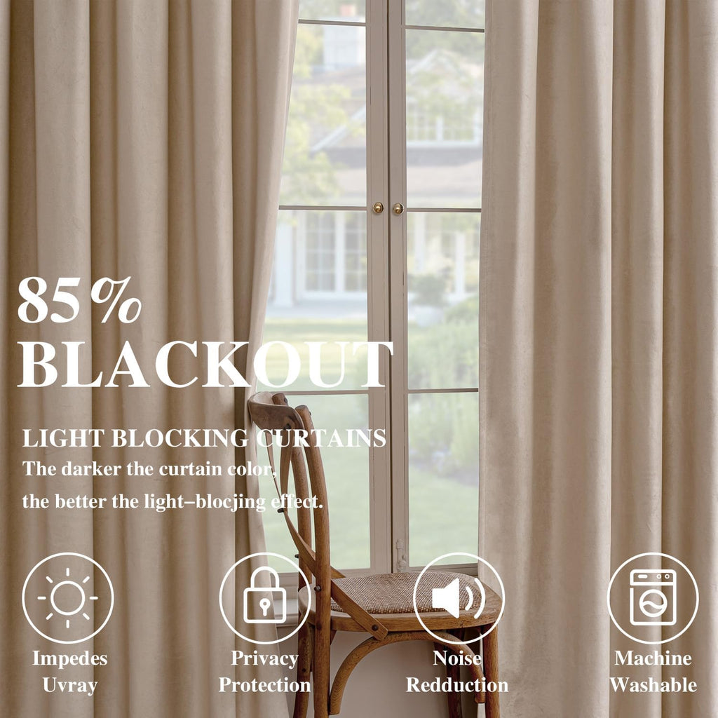 Beige Thermal Blackout Velvet Curtains 84 Inch