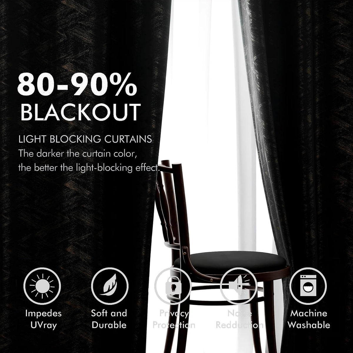Black & Gold Foil‑Print Velvet Curtains 96 Inch