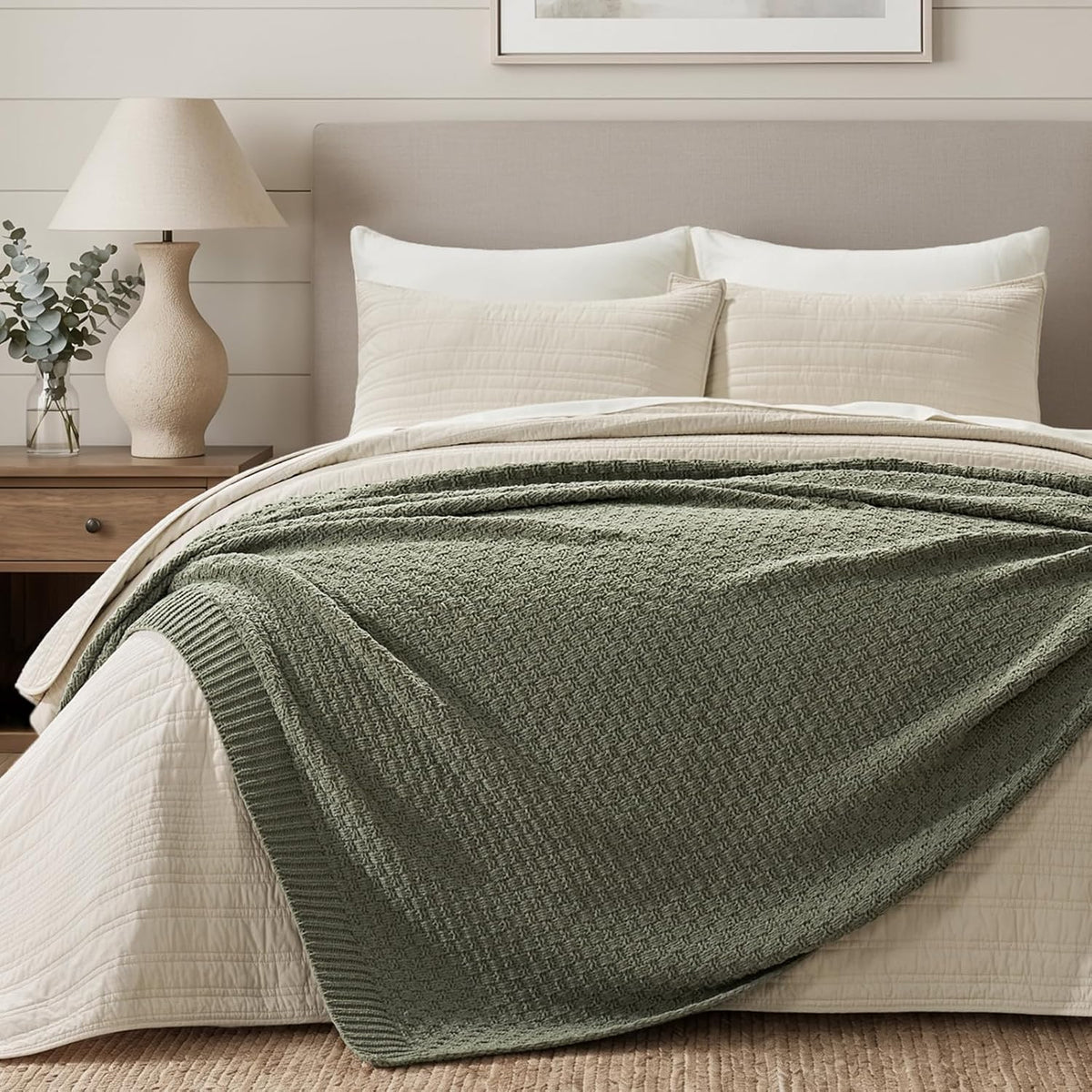 Dried‑Thyme‑Green Chenille Knit Throw 50"×60"