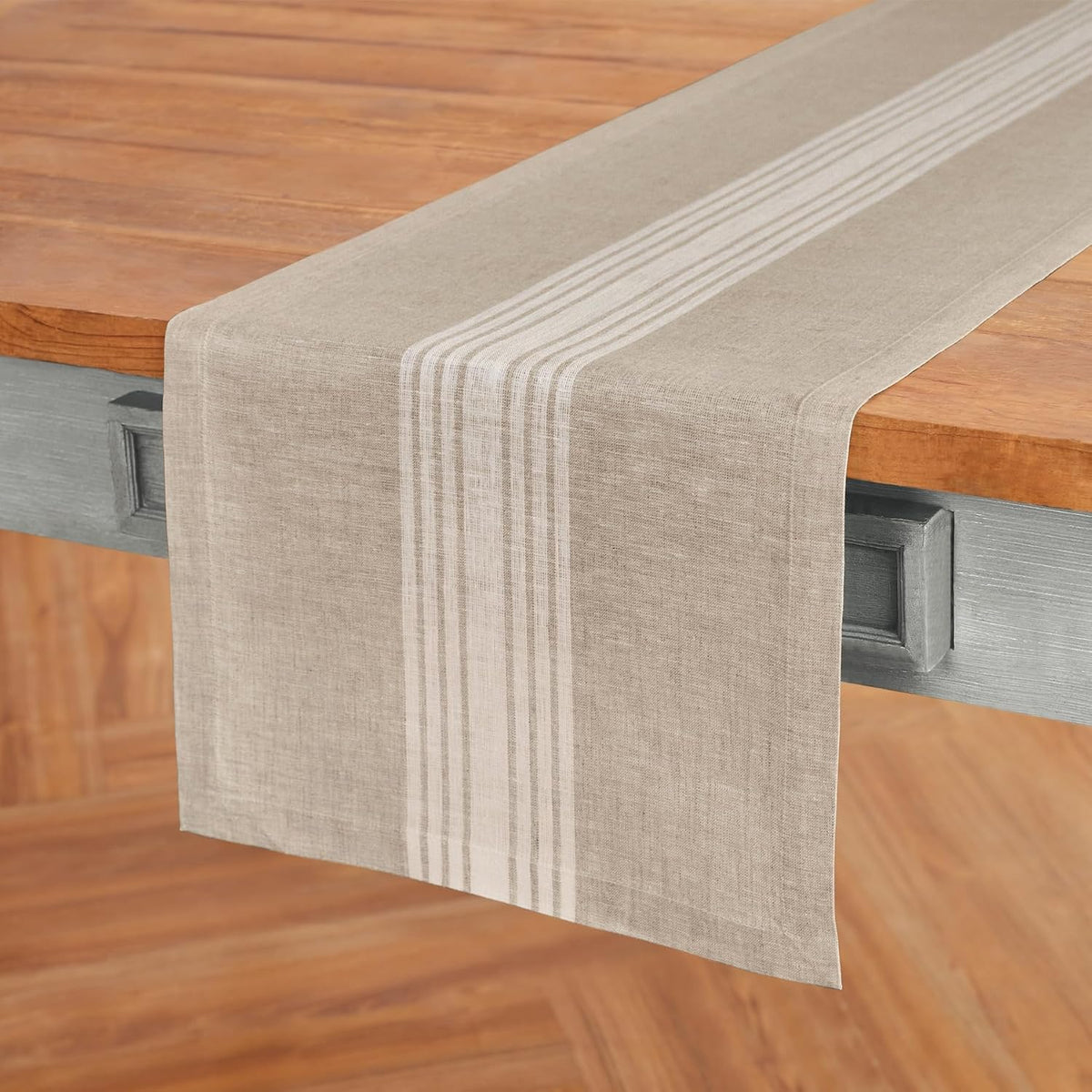 White‑Natural Striped Linen Table Runner 14"×108"