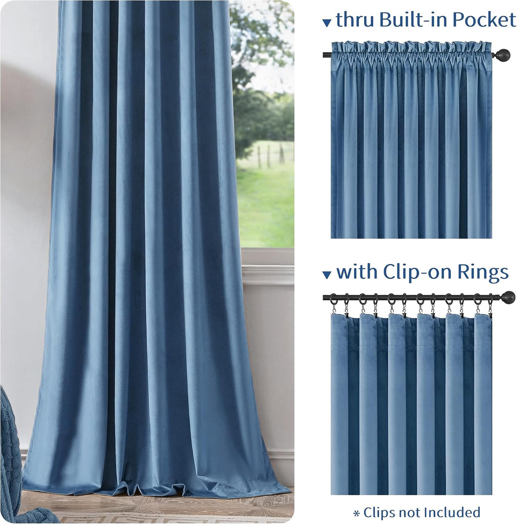 Slate‑Blue Velvet Blackout Curtains 72 Inch 2‑Panel Set