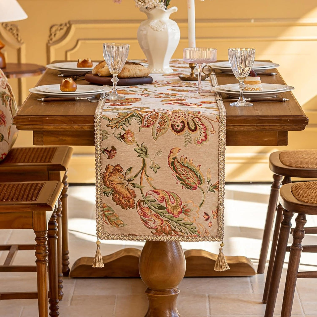 Beige Floral Chenille Lace‑Trim Dresser Runner 72"