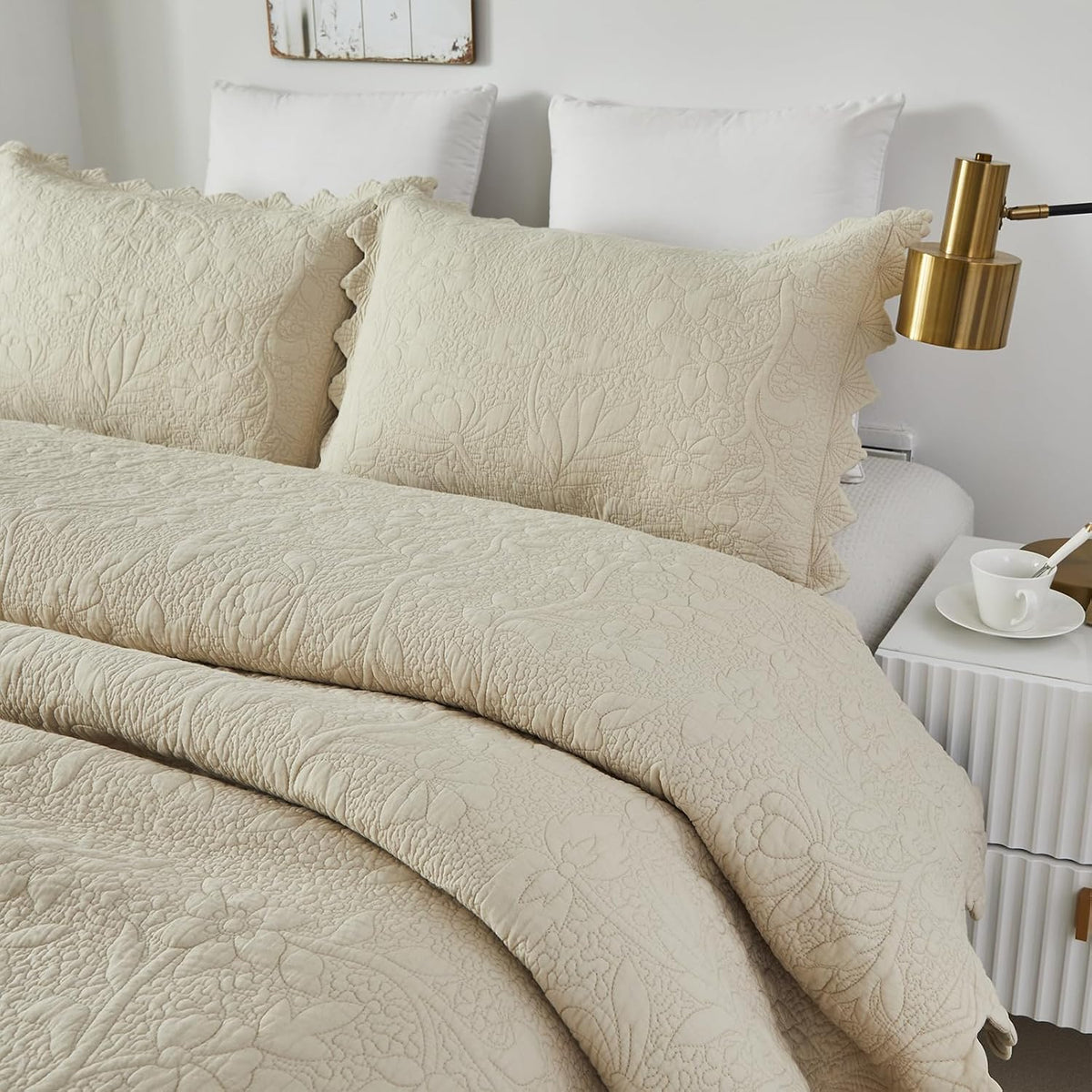 Beige Quilted Pillow Shams Set of 2 Standard
