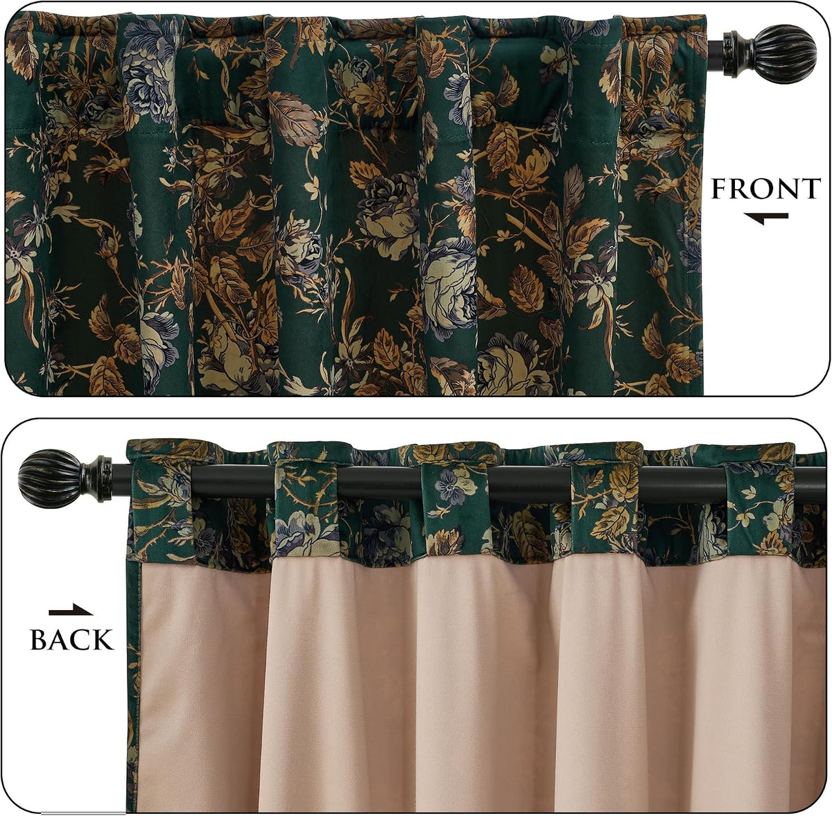 Retro‑Green Floral Velvet Curtains 52"×96" 2‑Panel Set
