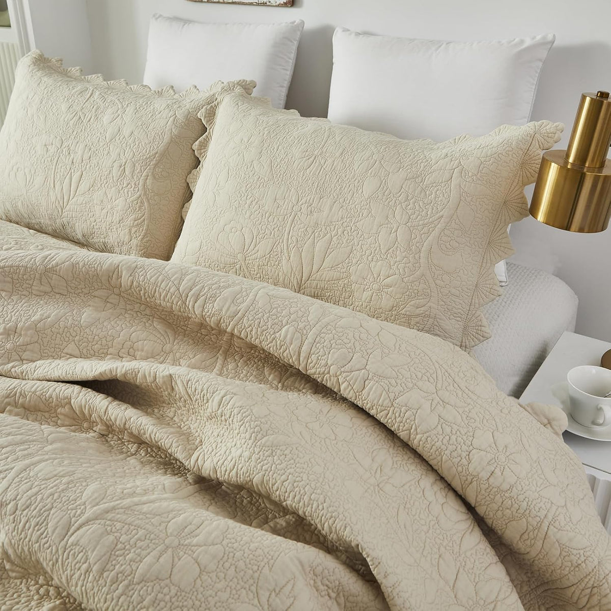 Beige Quilted Pillow Shams Set of 2 Standard