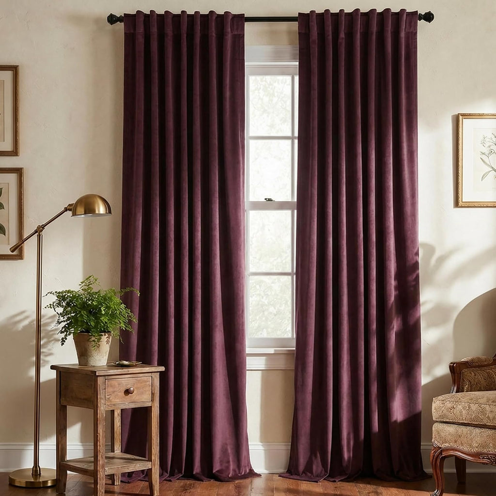 Burgundy Pleated Velvet Curtains 96" 2‑Panel Set