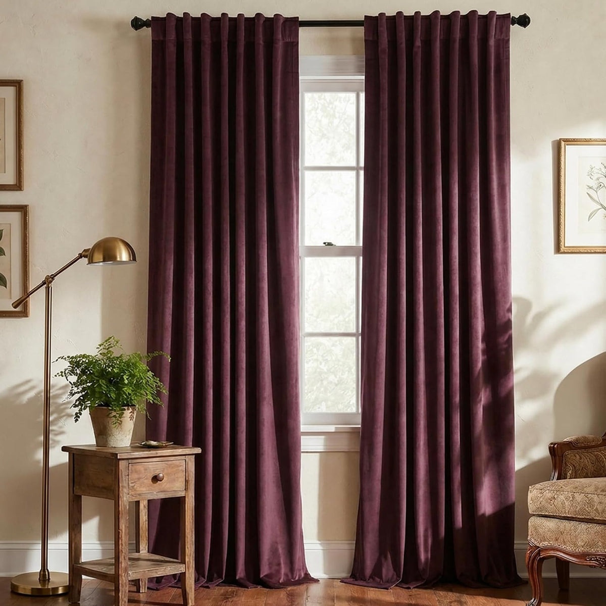 Burgundy Pleated Velvet Curtains 96" 2‑Panel Set