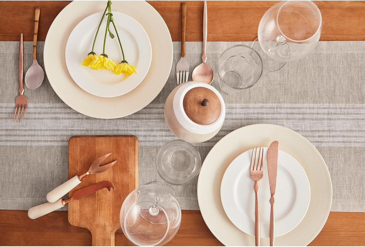 White‑Natural Striped Linen Table Runner 14"×108"