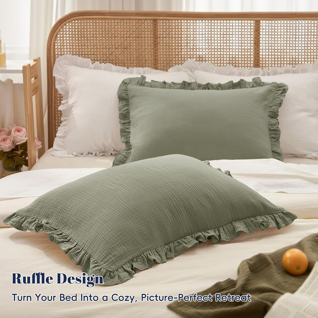 Sage Ruffle Muslin Pillow Shams King 20"×36"