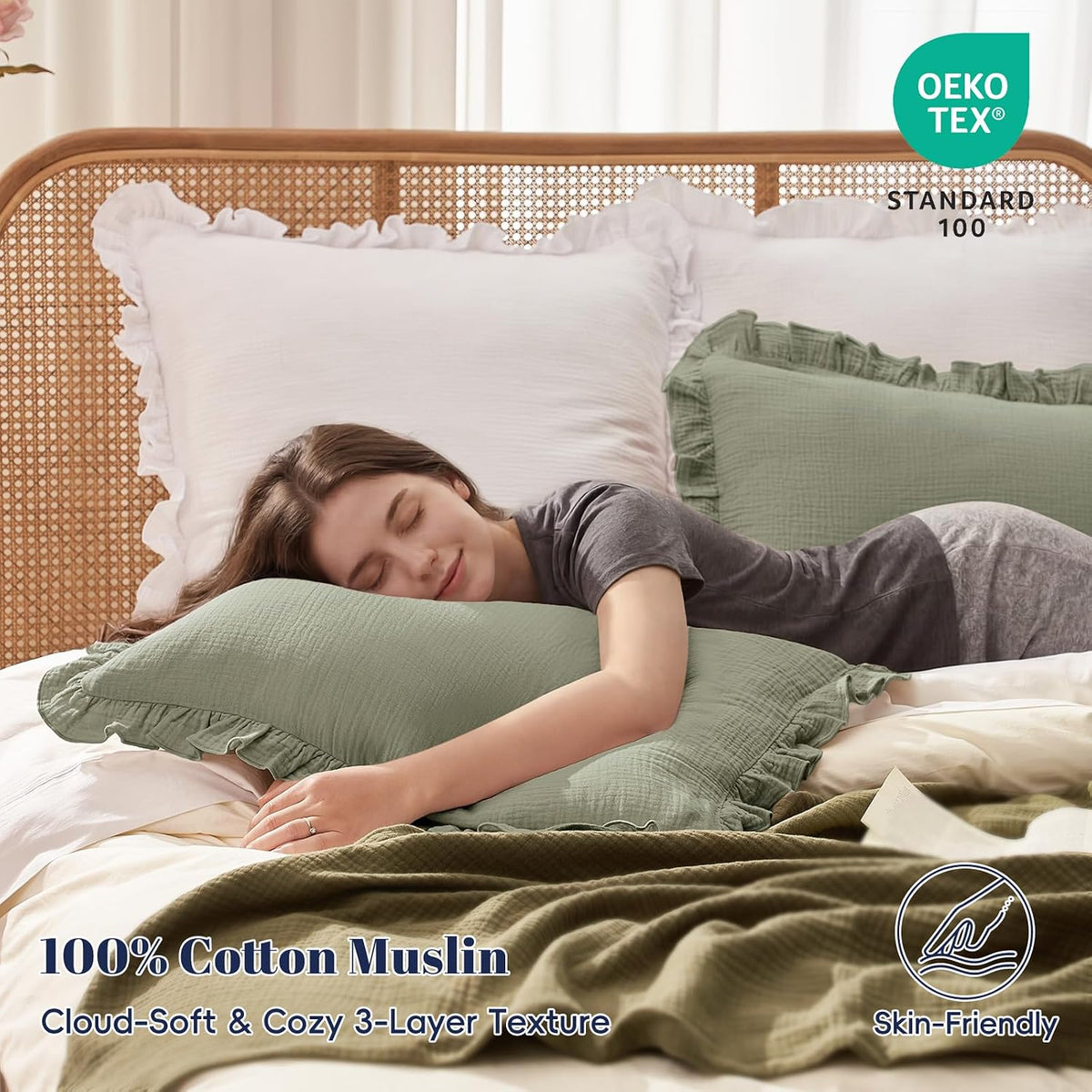 Sage Ruffle Muslin Pillow Shams King 20"×36"