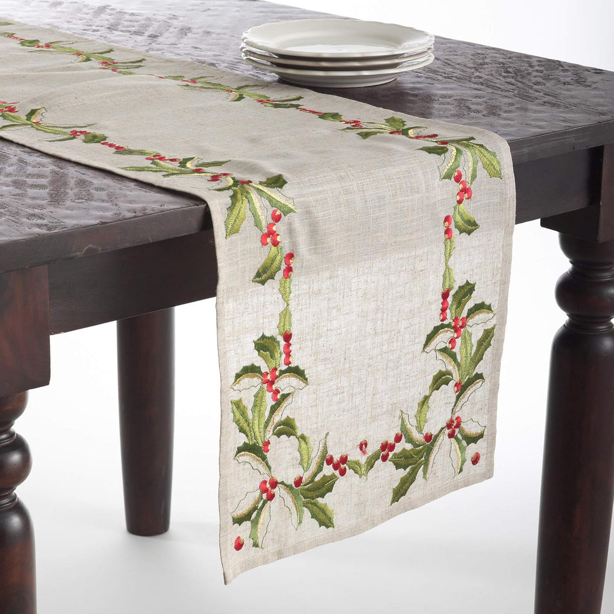 Natural Holly Embroidered Table Runner 16"×108"