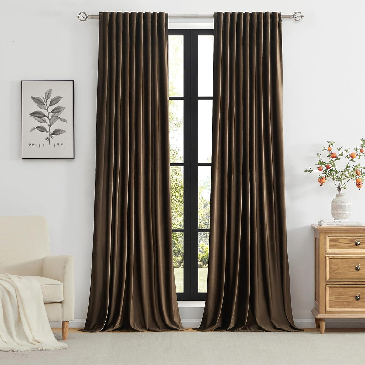Brown Velvet Blackout Curtains 96" 2‑Panel Set