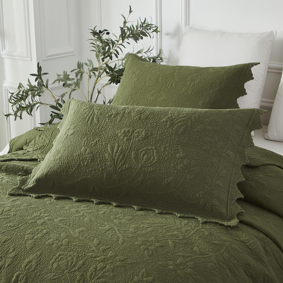 Olive‑Green Quilted Pillow Shams Set of 2 Standard