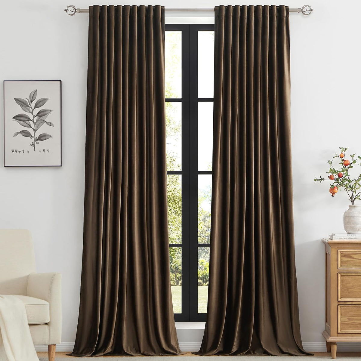 Brown Velvet Blackout Curtains 96" 2‑Panel Set