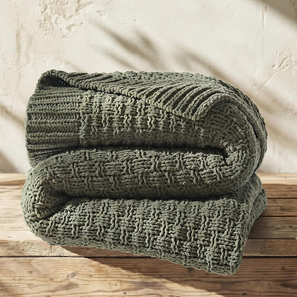 Dried‑Thyme‑Green Chenille Knit Throw 50"×60"