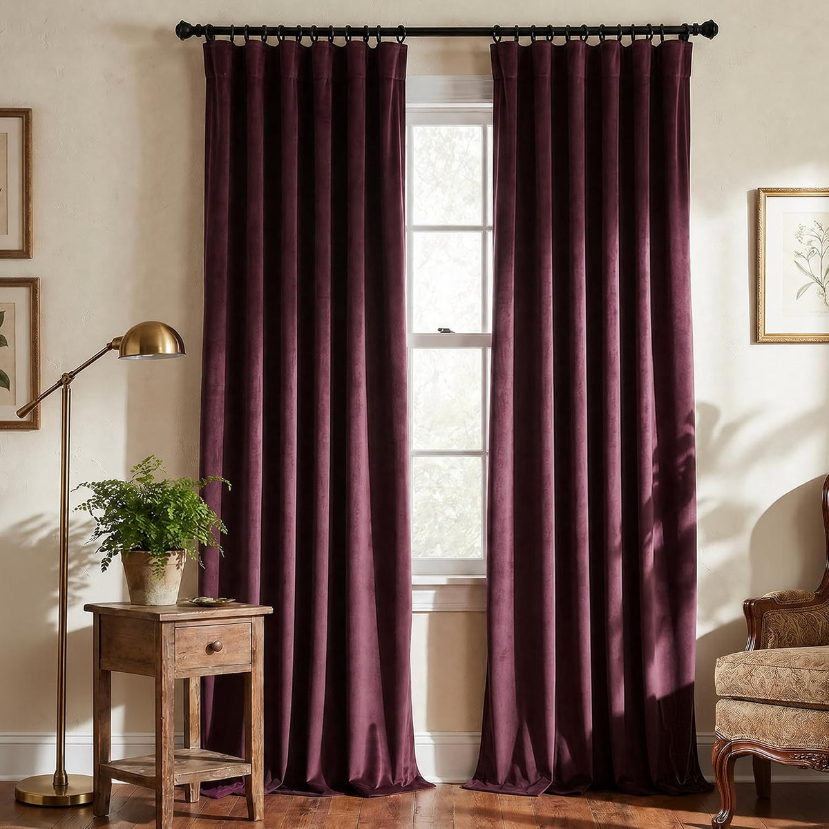 Burgundy Pleated Velvet Curtains 96" 2‑Panel Set