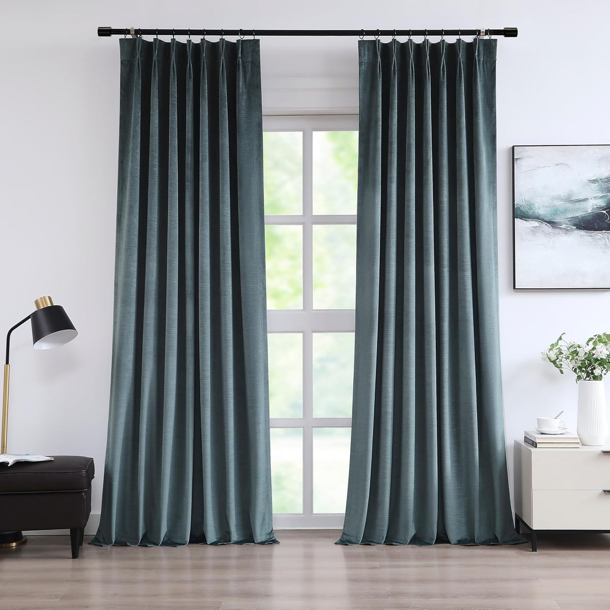 Storm‑Blue Pinch‑Pleated Velvet Blackout Curtains 40"×95"