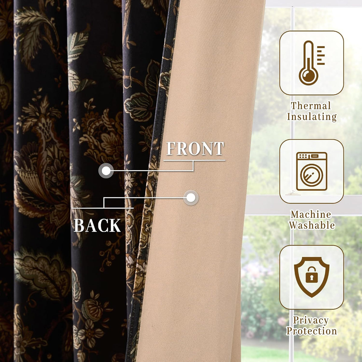 Black Moody‑Floral Velvet Curtains 52"×84" 2‑Panel Set