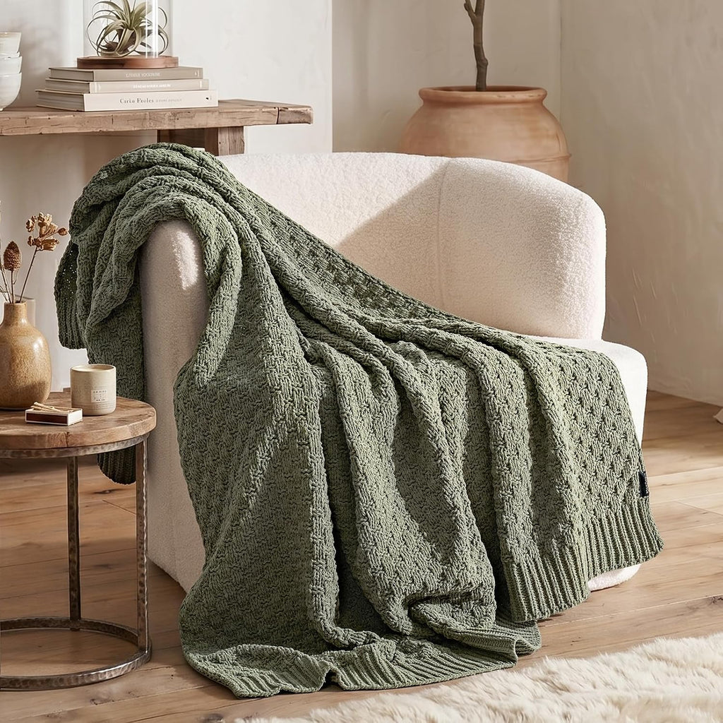 Dried‑Thyme‑Green Chenille Knit Throw 50"×60"