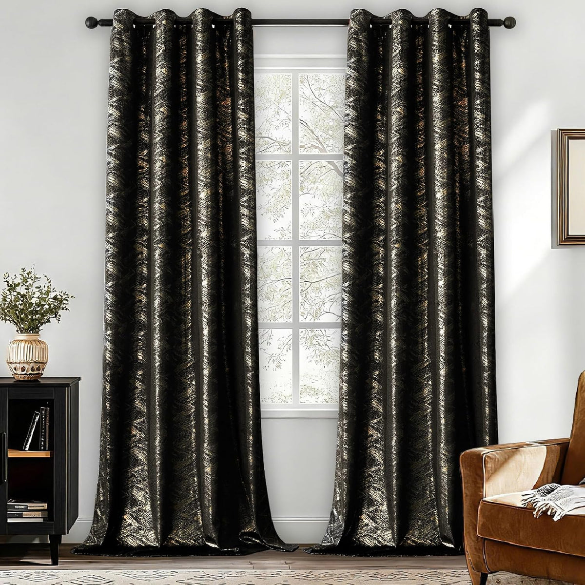 Black & Gold Foil‑Print Velvet Curtains 96 Inch
