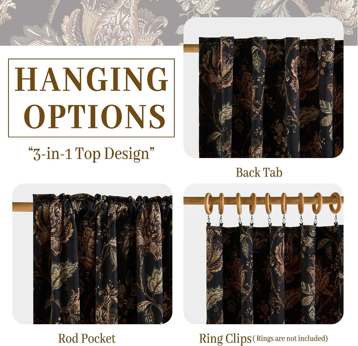 Black Moody‑Floral Velvet Curtains 52"×84" 2‑Panel Set