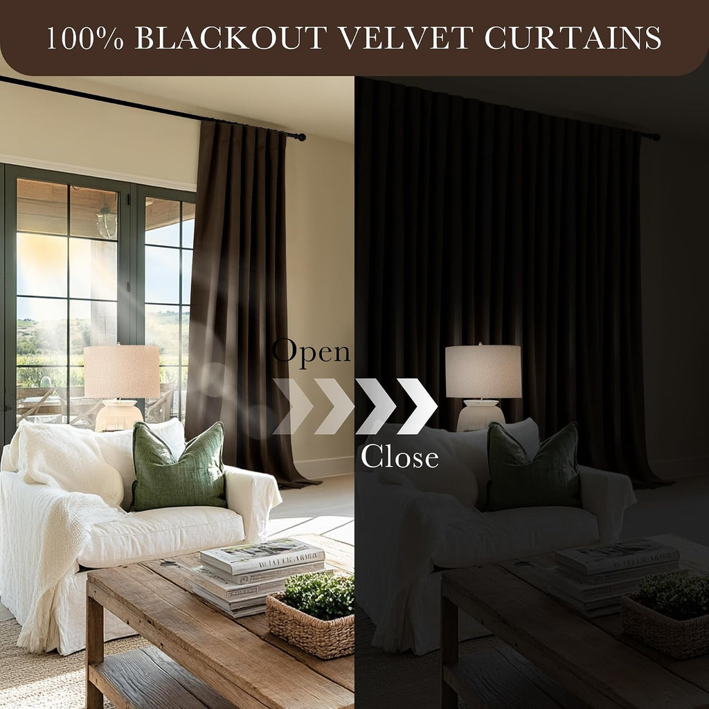 Brown 100% Blackout Velvet Curtains 84 Inch