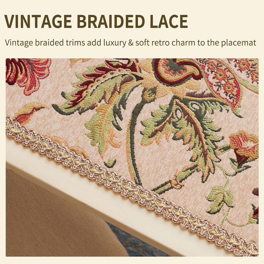 Beige Floral Chenille Lace‑Trim Dresser Runner 72"