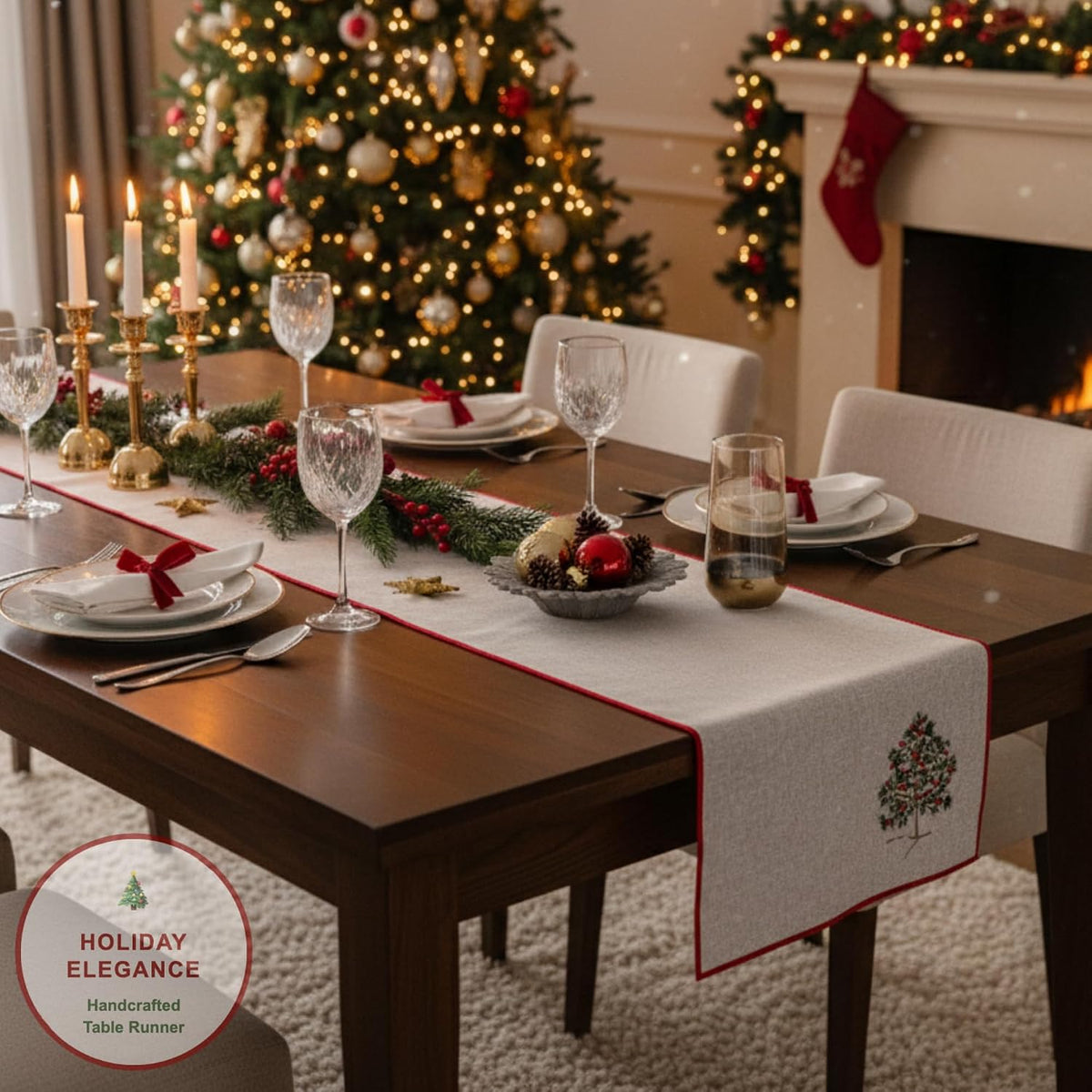 Beige Red‑Trim Christmas Tree Table Runner 14"×72"