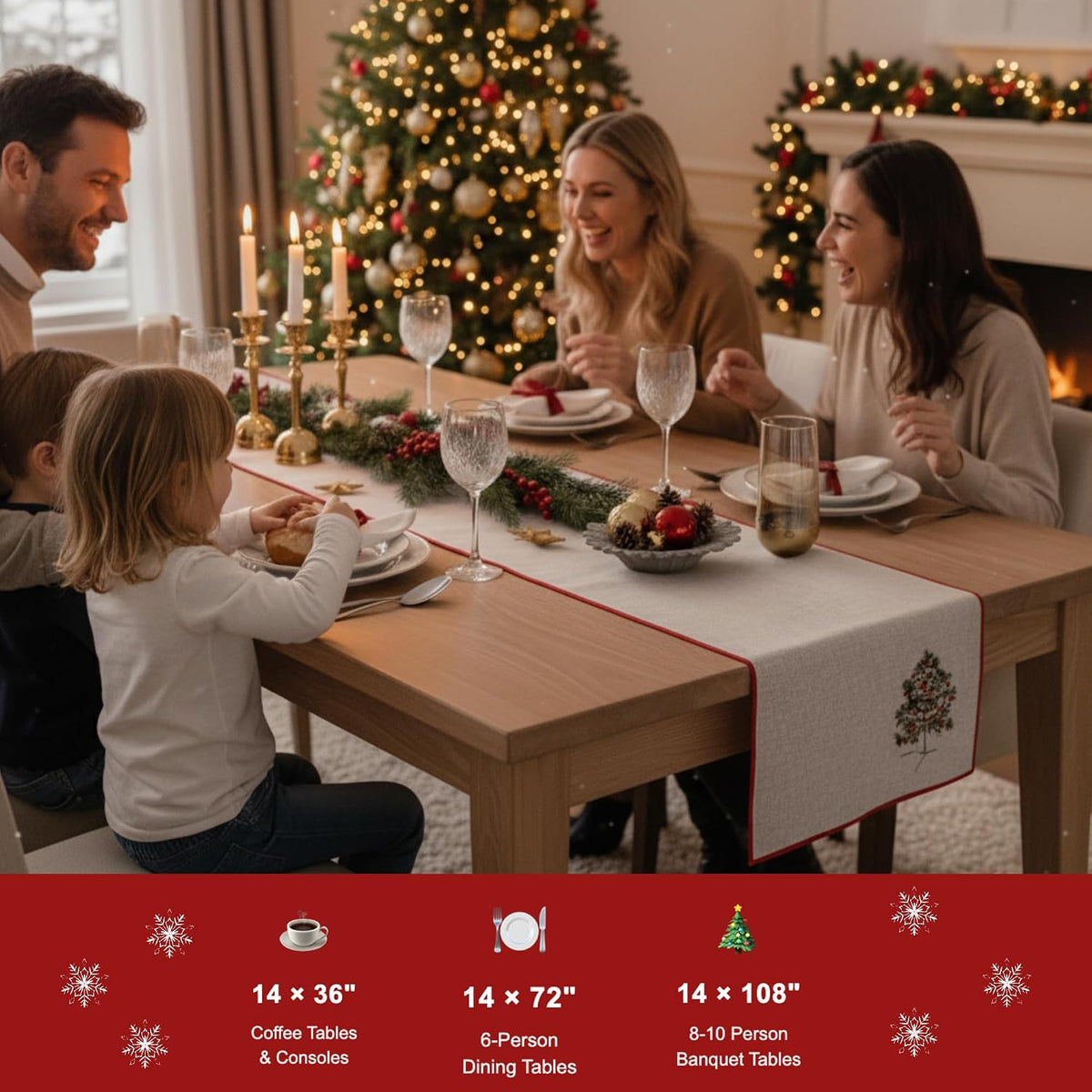 Beige Red‑Trim Christmas Tree Table Runner 14"×72"