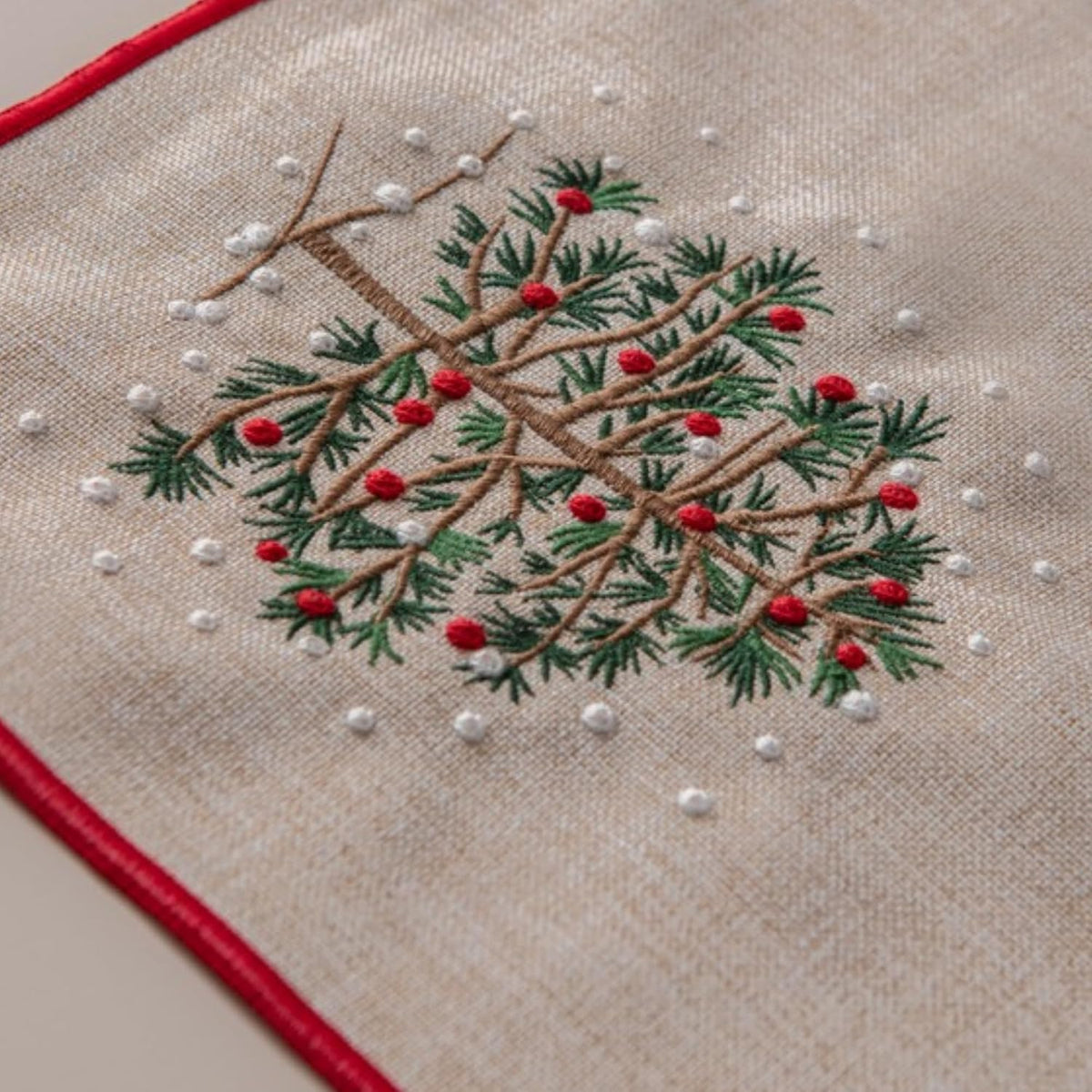 Beige Red‑Trim Christmas Tree Table Runner 14"×72"