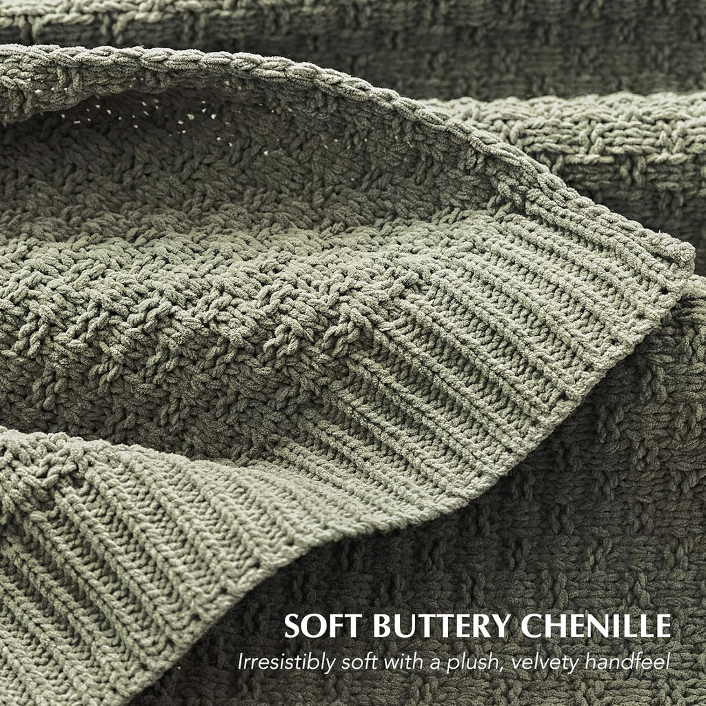 Dried‑Thyme‑Green Chenille Knit Throw 50"×60"