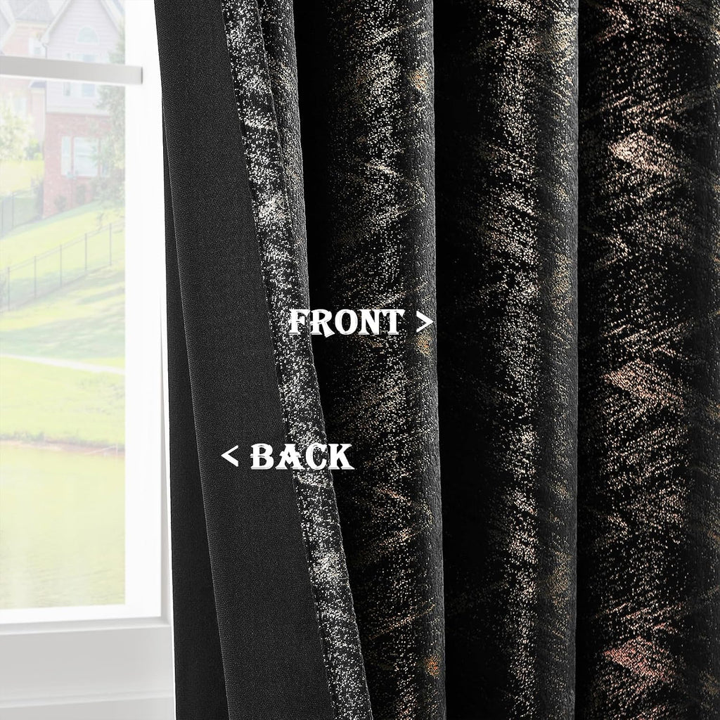 Black & Gold Foil‑Print Velvet Curtains 96 Inch