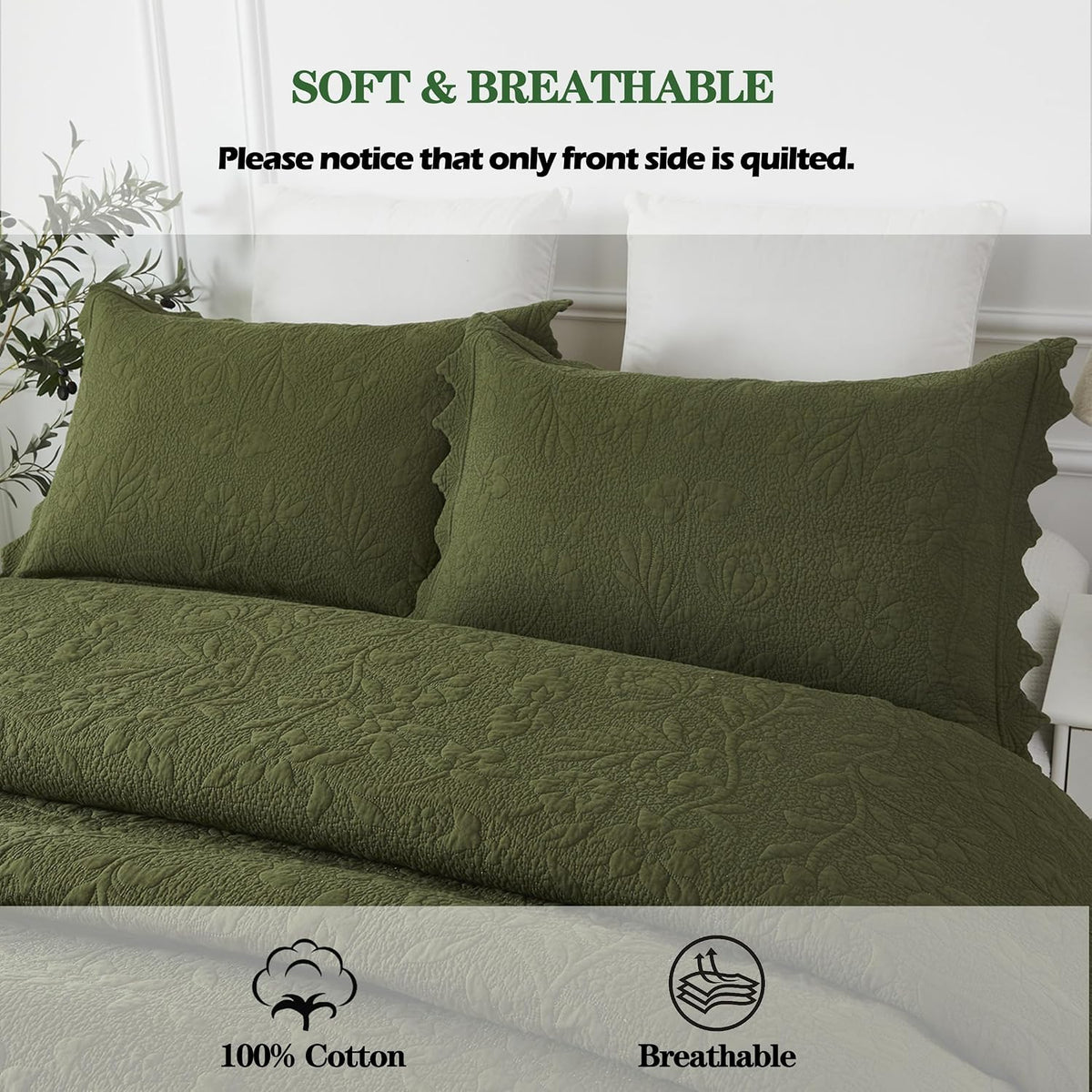 Olive‑Green Quilted Pillow Shams Set of 2 Standard