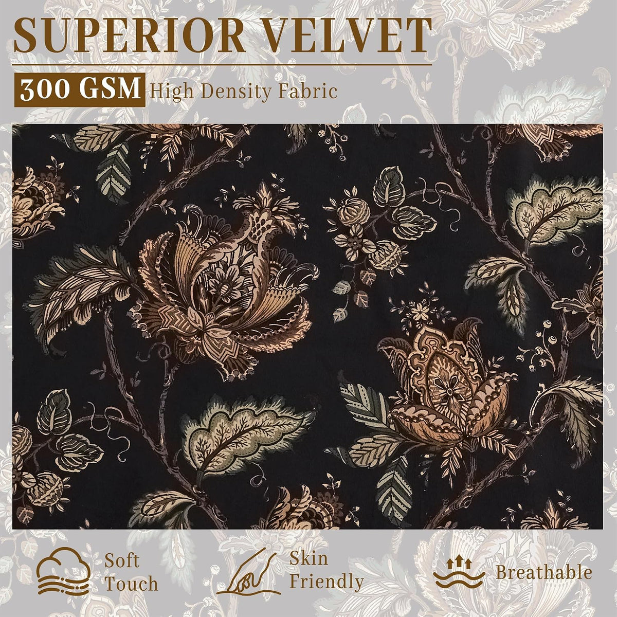 Black Moody‑Floral Velvet Curtains 52"×84" 2‑Panel Set