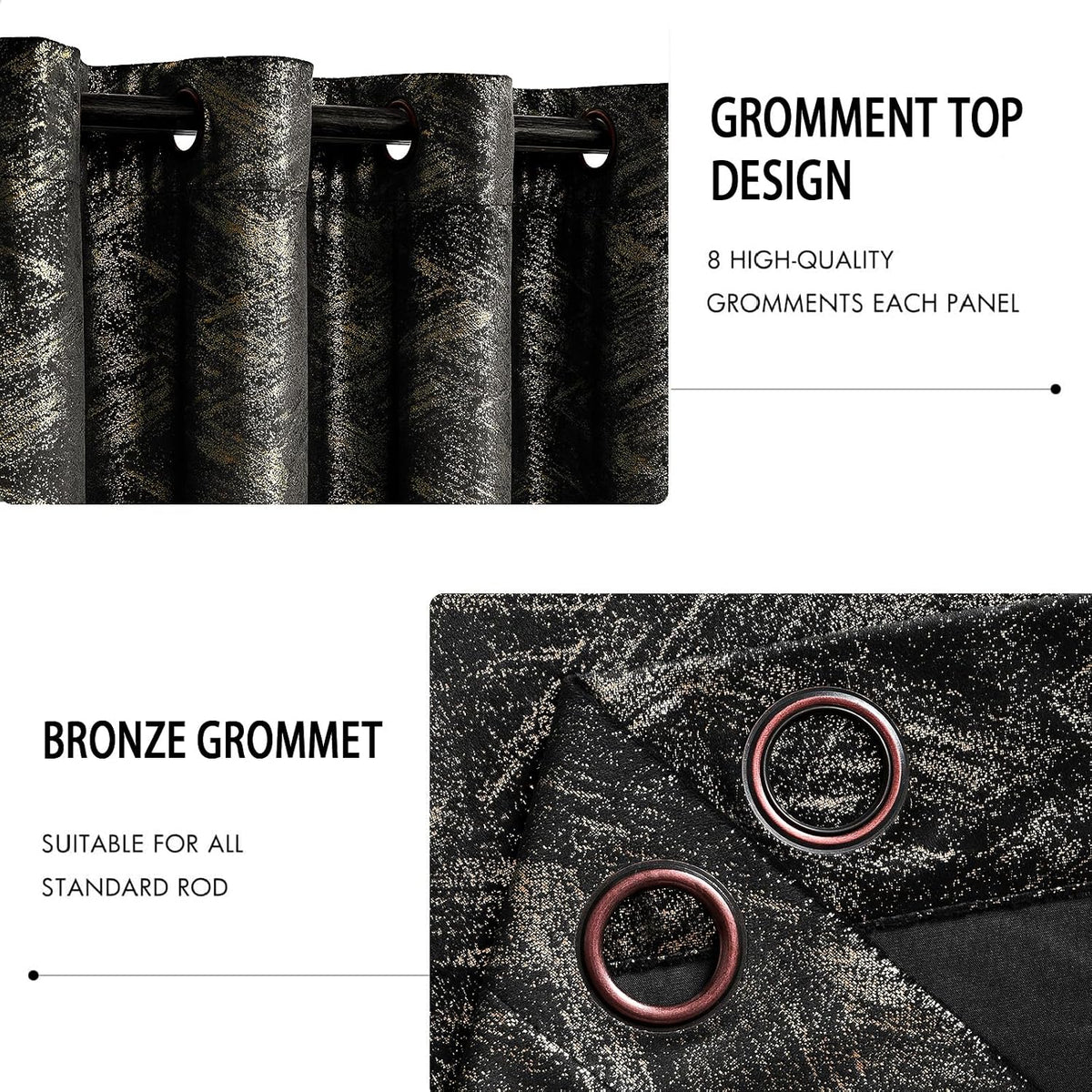 Black & Gold Foil‑Print Velvet Curtains 96 Inch
