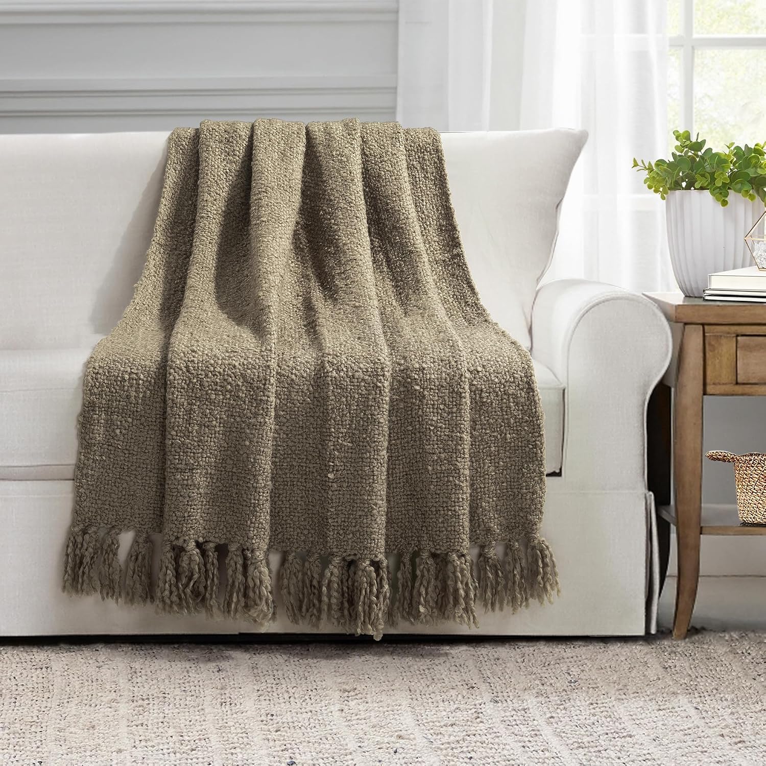 Neutral Boucle Fringed Throw 50"×60"