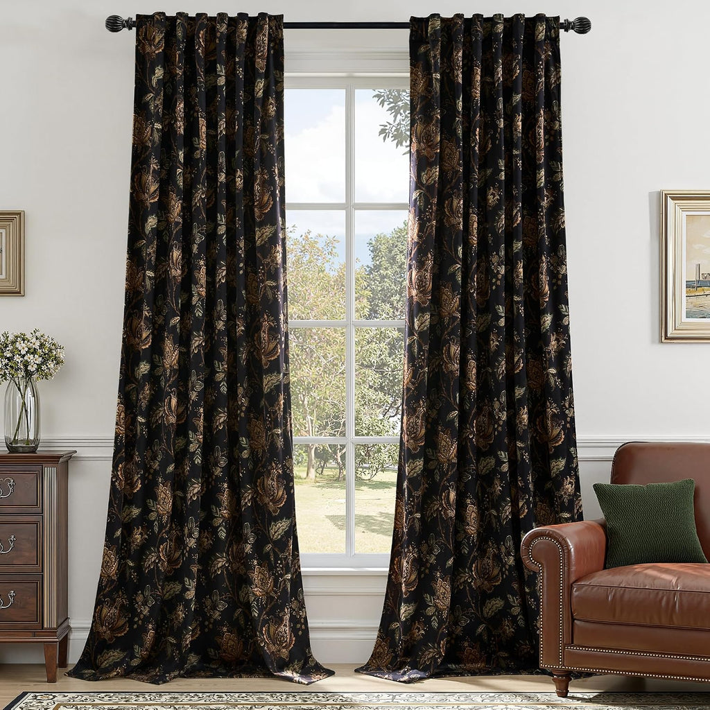 Black Moody‑Floral Velvet Curtains 52"×84" 2‑Panel Set