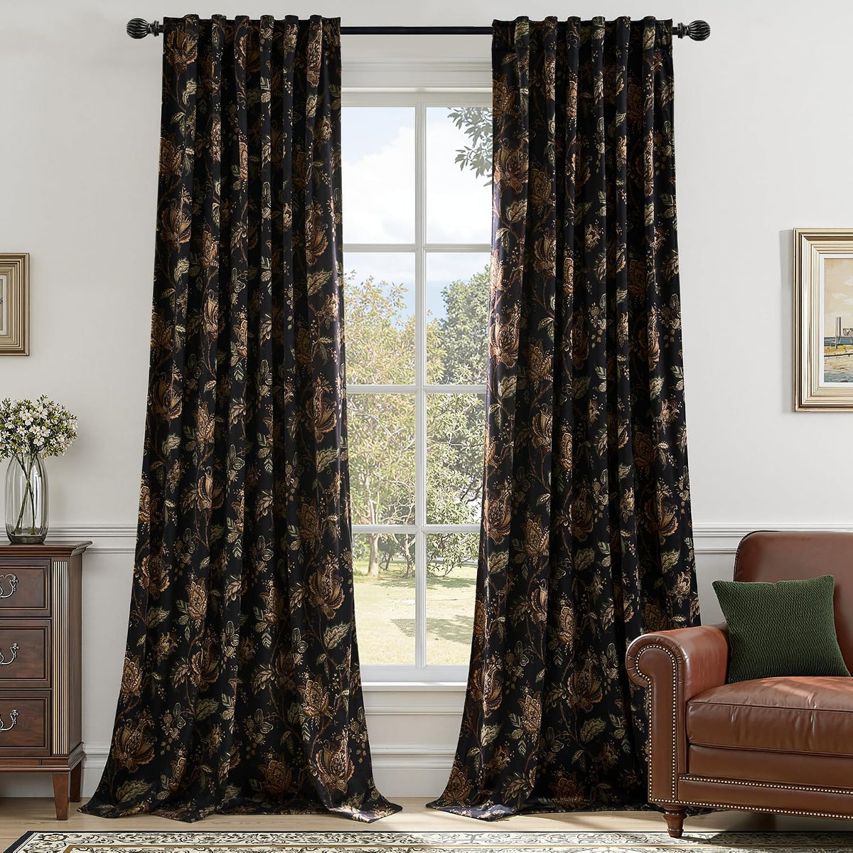 Black Moody‑Floral Velvet Curtains 52"×84" 2‑Panel Set