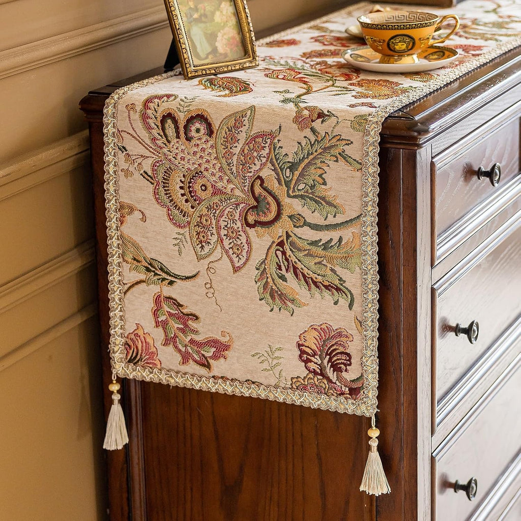 Beige Floral Chenille Lace‑Trim Dresser Runner 72"