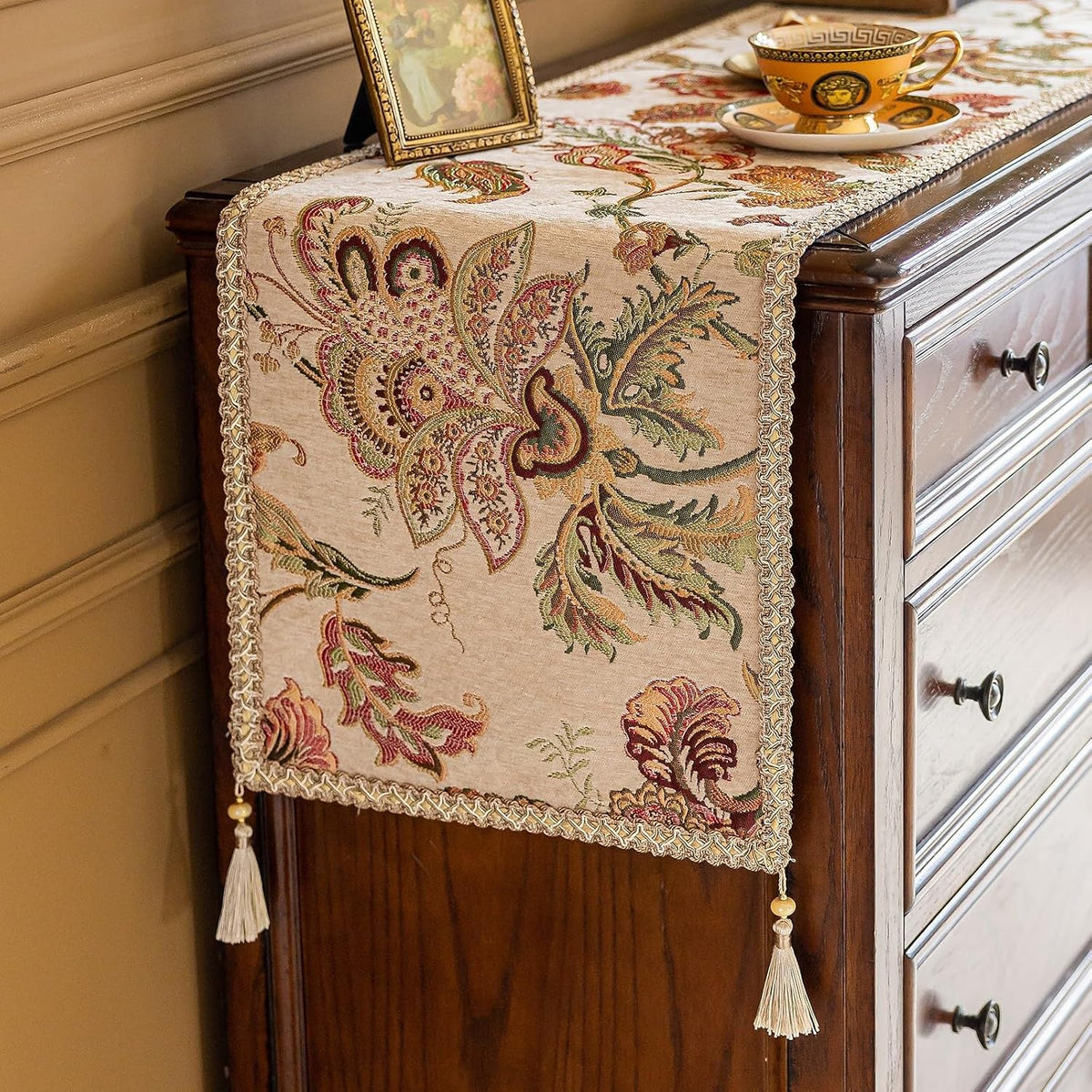Beige Floral Chenille Lace‑Trim Dresser Runner 72"