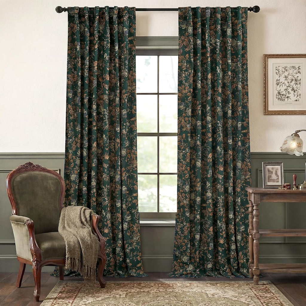 Retro‑Green Floral Velvet Curtains 52"×96" 2‑Panel Set