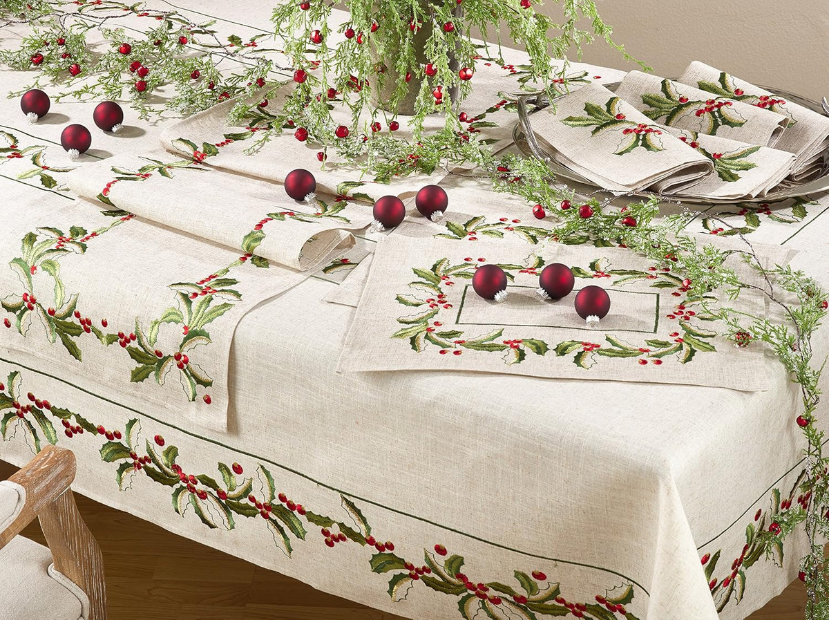 Natural Holly Embroidered Table Runner 16"×108"