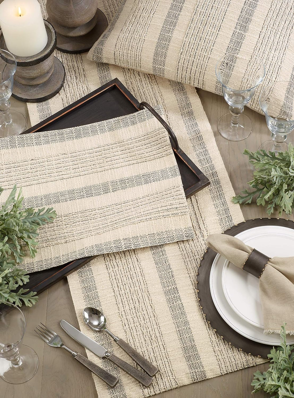 Ivory Stripe Woven Table Runner 16"×72"